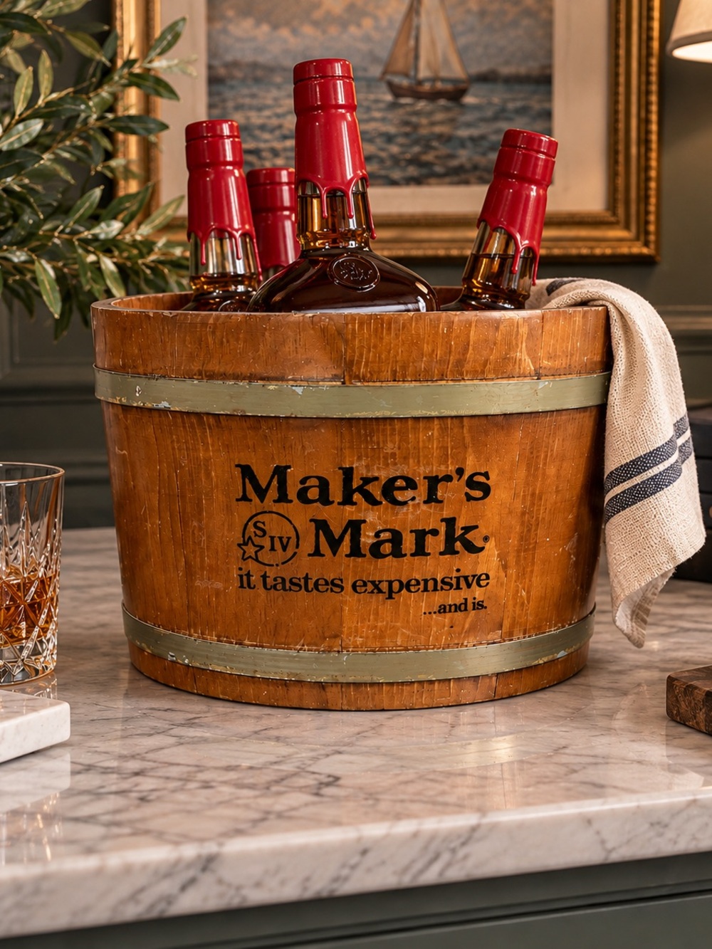 Vintage Maker’s Mark Wooden Bottle Display Barrel | Bourbon Advertising